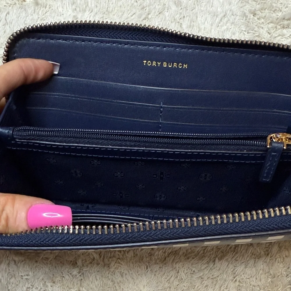 Tory Burch T Block Navy and White Checkered Continental Zip Around Wallet